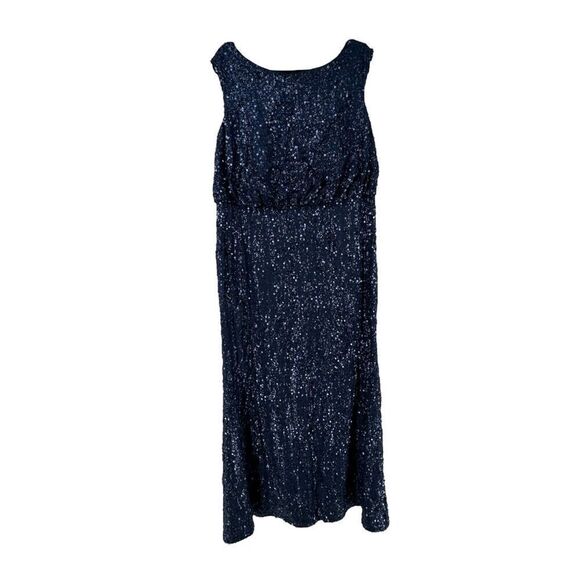Davids Bridal Sequin Maxi Dress Navy Blue Size 1X Blouson Sleeveless Boat Neck - Picture 1 of 16